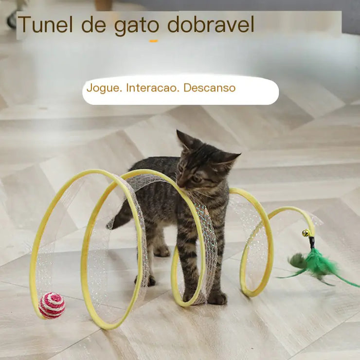 Cat playing with a cat tunnel toy on a wooden floor