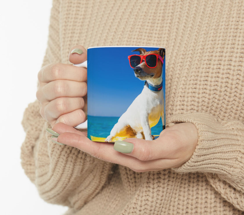 Cool Dog Coffee Mug - image of dog with sunglasses on surfboard and message "I work hard so my dog can have a better life” 