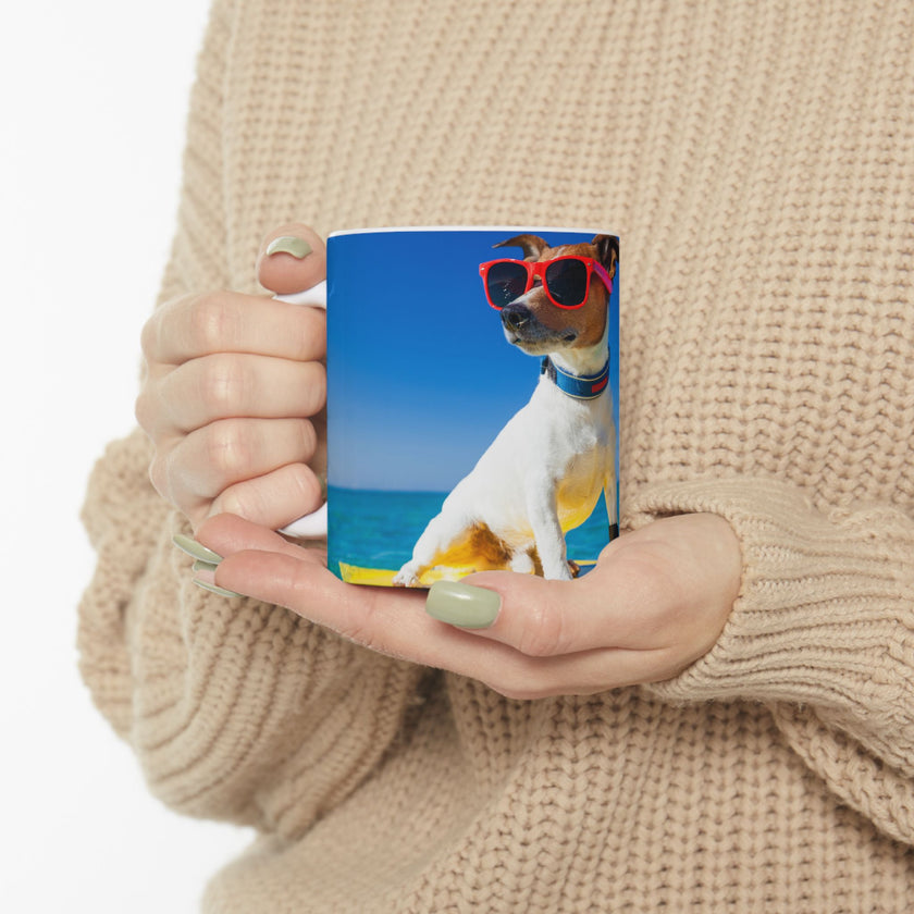 Cool Dog Coffee Mug - image of dog with sunglasses on surfboard and message "I work hard so my dog can have a better life” 