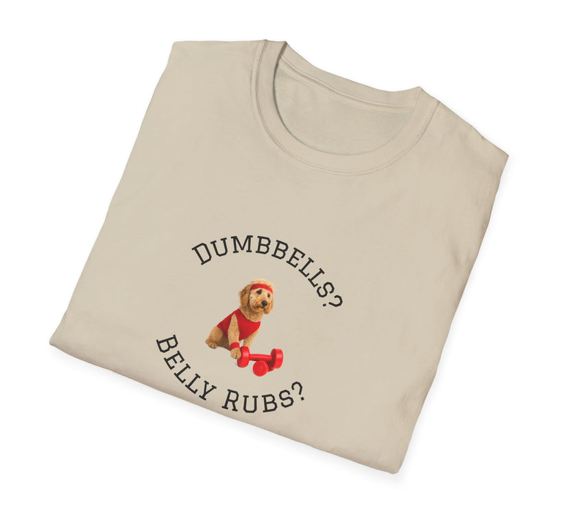 Beige t-shirt with a dog graphic and text on a white background