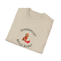 Beige t-shirt with a dog graphic and text on a white background