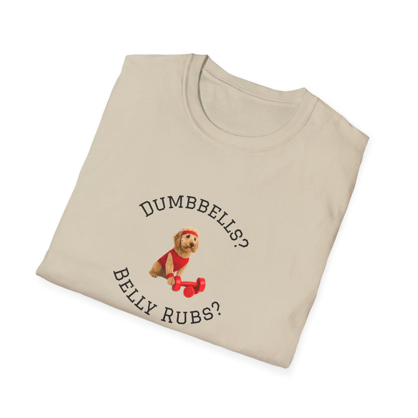 Beige t-shirt with a dog graphic and text on a white background