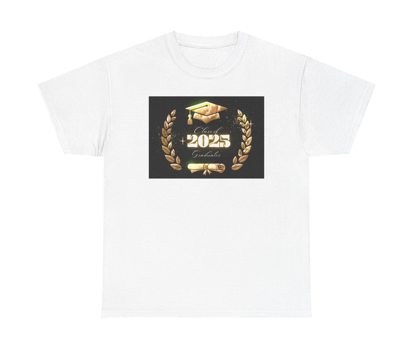 Light gray or white unisex T-shirt featuring a bold "Class of 2025 Graduates" design in gold, with a graduation cap, laurel wreath, and diploma printed on the front