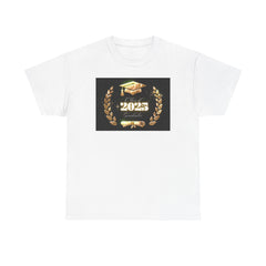 Light gray or white unisex T-shirt featuring a bold "Class of 2025 Graduates" design in gold, with a graduation cap, laurel wreath, and diploma printed on the front