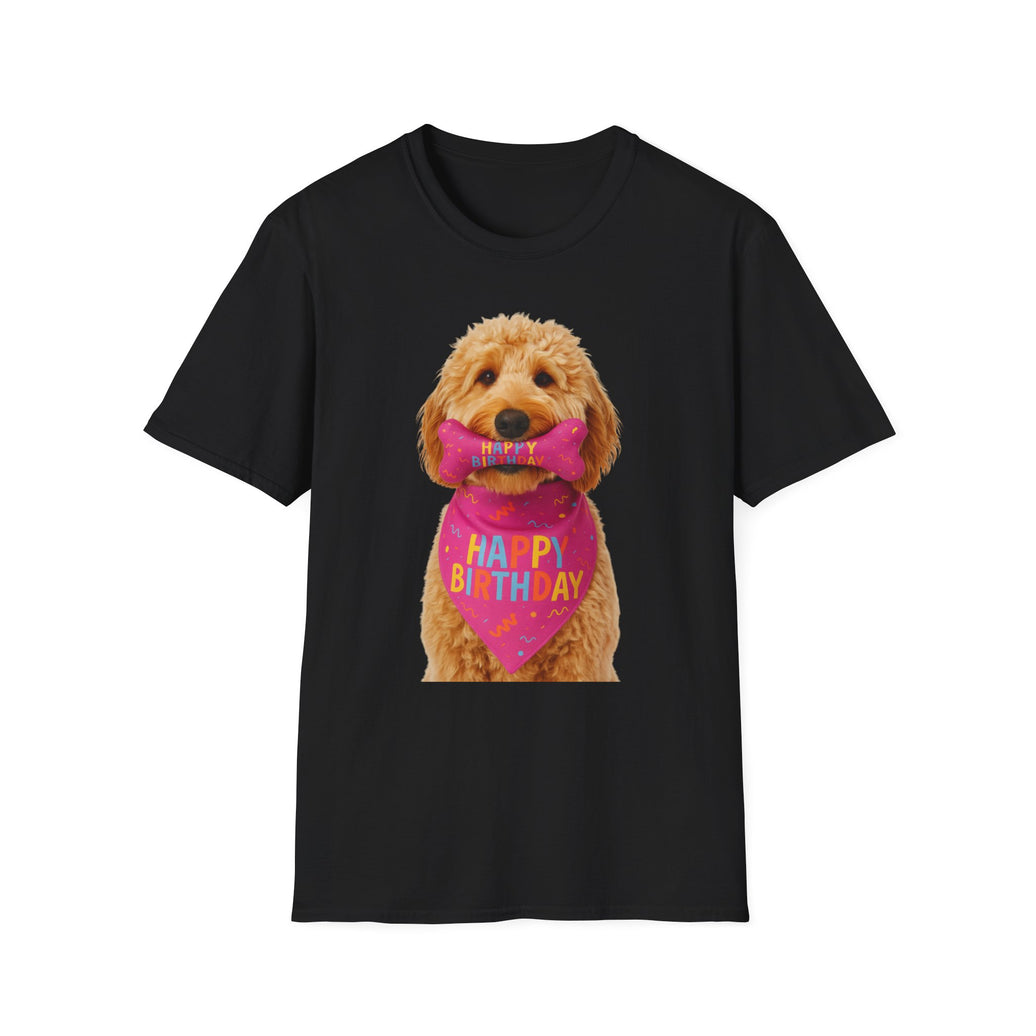 Black t-shirt with a dog wearing a 'Happy Birthday' bandana on a white background
