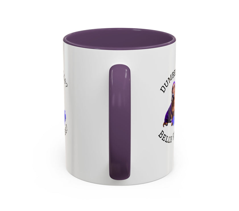 Two tone ceramic mug featuring a dachshund next to dumbbells and the humorous text 'Dumbbells? Belly Rubs?', designed for dog lovers and fitness enthusiasts.