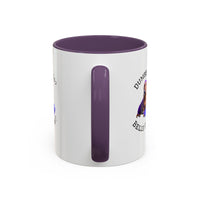 Two tone ceramic mug featuring a dachshund next to dumbbells and the humorous text 'Dumbbells? Belly Rubs?', designed for dog lovers and fitness enthusiasts.