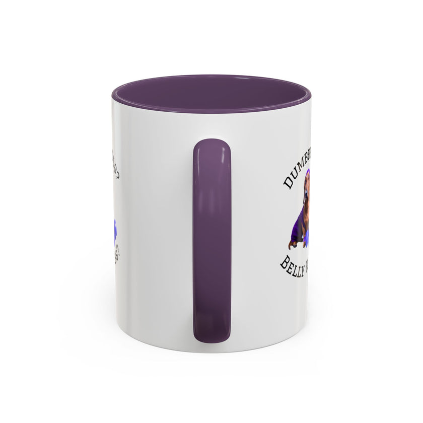 Two tone ceramic mug featuring a dachshund next to dumbbells and the humorous text 'Dumbbells? Belly Rubs?', designed for dog lovers and fitness enthusiasts.