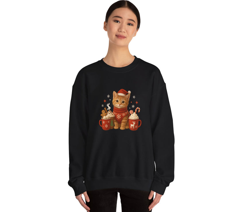 Black sweatshirt with a festive cat design on a white background