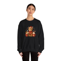 Black sweatshirt with a festive cat design on a white background