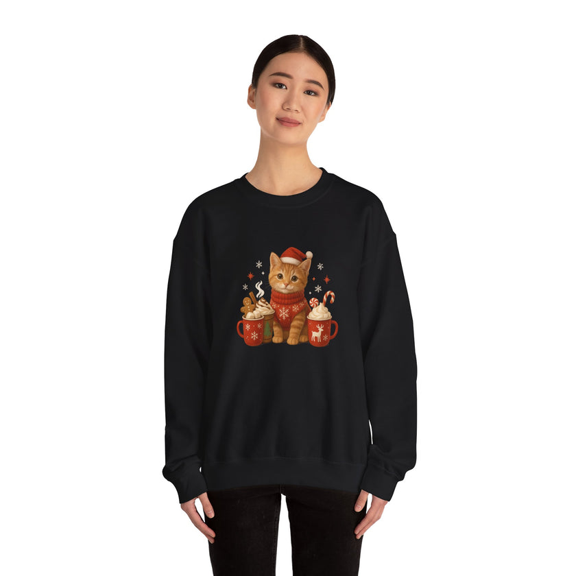 Black sweatshirt with a festive cat design on a white background