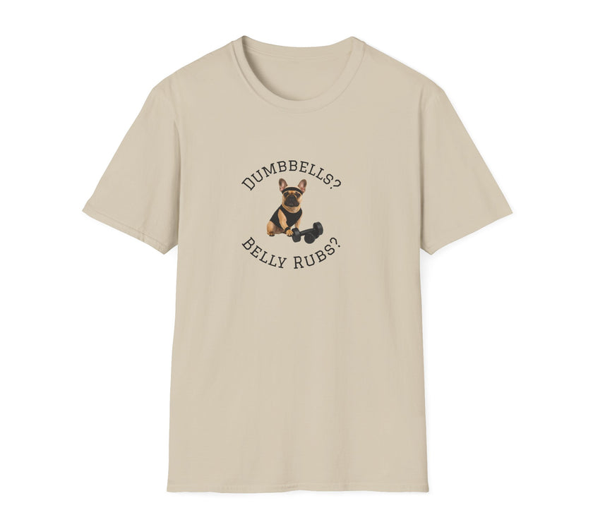 Beige t-shirt with a dog graphic and text on a white background