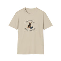 Beige t-shirt with a dog graphic and text on a white background