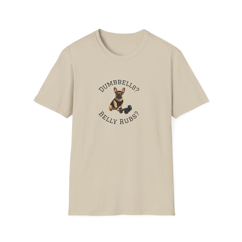 Beige t-shirt with a dog graphic and text on a white background