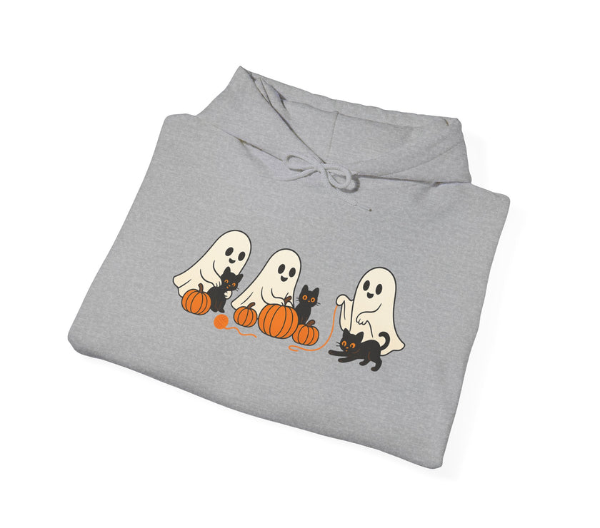 Folded gray hoodie with Halloween-themed design on a white background