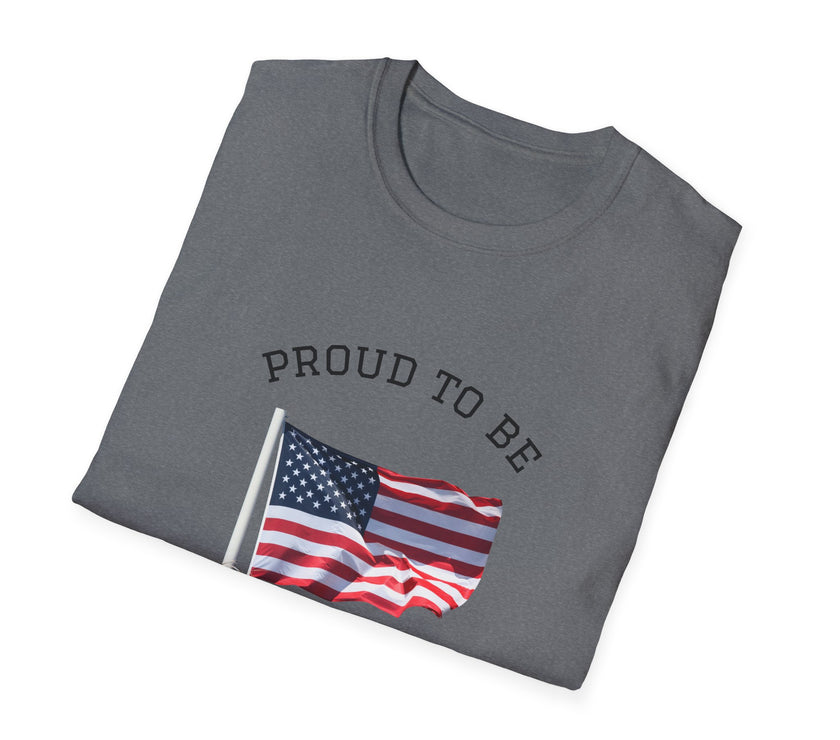 Folded T-shirt with an American flag graphic and the words 'Proud to Be an American' printed around the flag