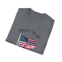 Folded T-shirt with an American flag graphic and the words 'Proud to Be an American' printed around the flag