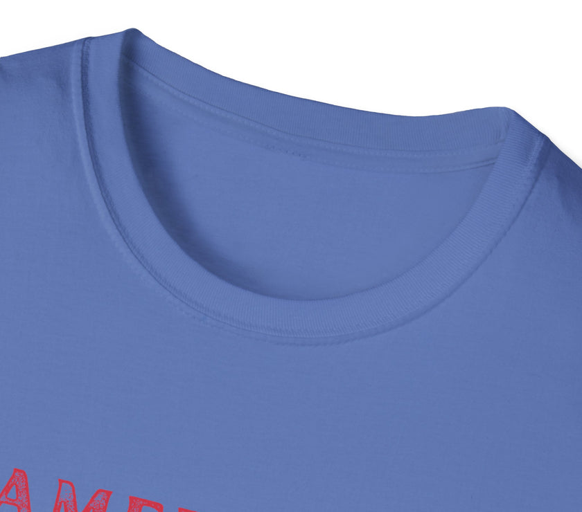  T-shirt (collar view) featuring an American flag graphic with the words 'AMERICAN DREAM' in red and blue text above and below the flag
