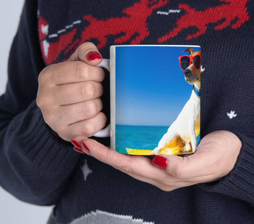 Cool Dog Coffee Mug - image of dog with sunglasses on surfboard and message "I work hard so my dog can have a better life” 