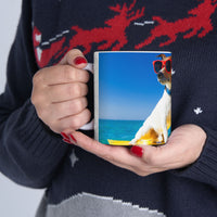 Cool Dog Coffee Mug - image of dog with sunglasses on surfboard and message "I work hard so my dog can have a better life” 