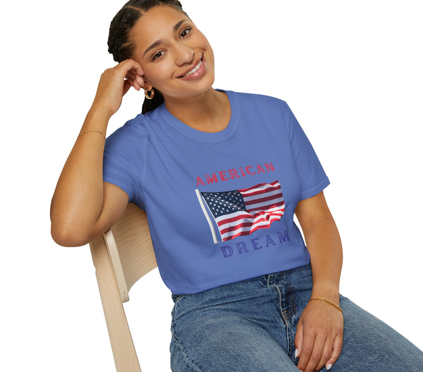 Female wearing T-shirt featuring an American flag graphic with the words 'AMERICAN DREAM' in red and blue text above and below the flag