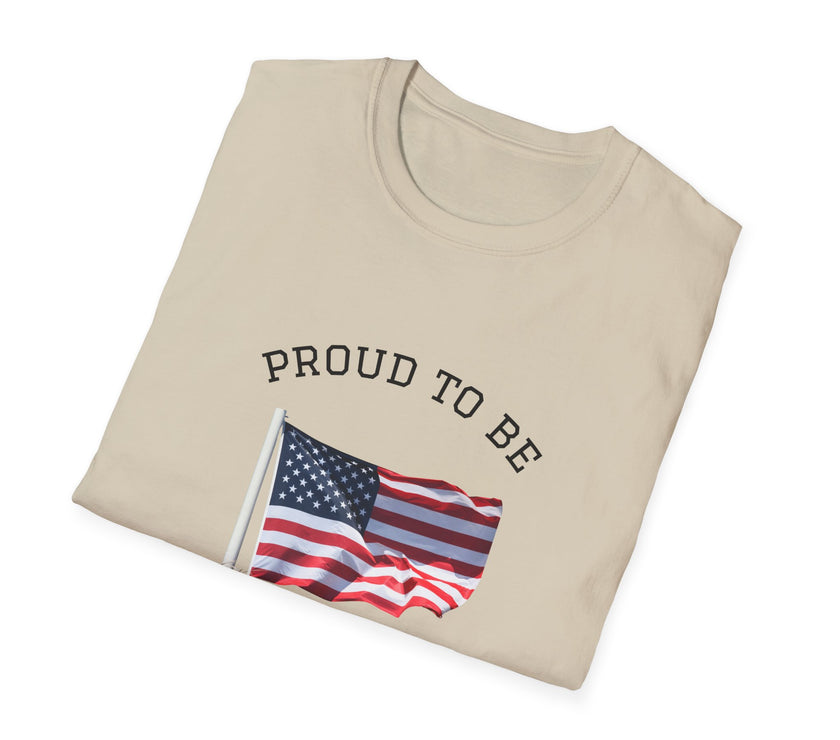 Folded T-shirt with an American flag graphic and the words 'Proud to Be an American' printed around the flag