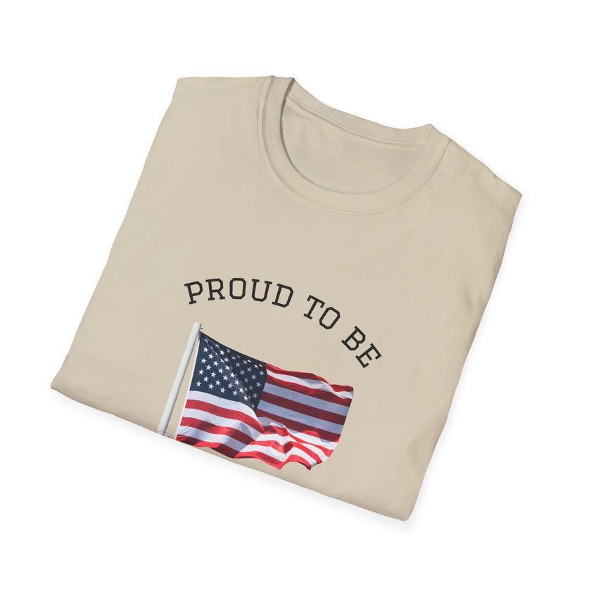 Folded T-shirt with an American flag graphic and the words 'Proud to Be an American' printed around the flag