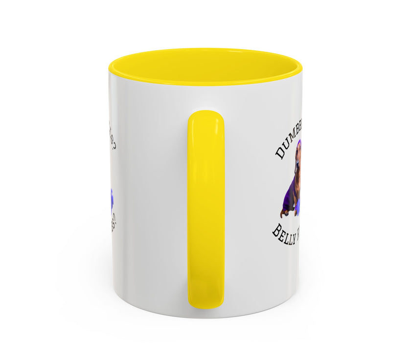Two tone ceramic mug featuring a dachshund next to dumbbells and the humorous text 'Dumbbells? Belly Rubs?', designed for dog lovers and fitness enthusiasts.