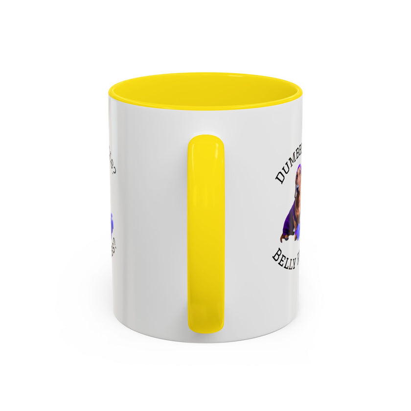 Two tone ceramic mug featuring a dachshund next to dumbbells and the humorous text 'Dumbbells? Belly Rubs?', designed for dog lovers and fitness enthusiasts.