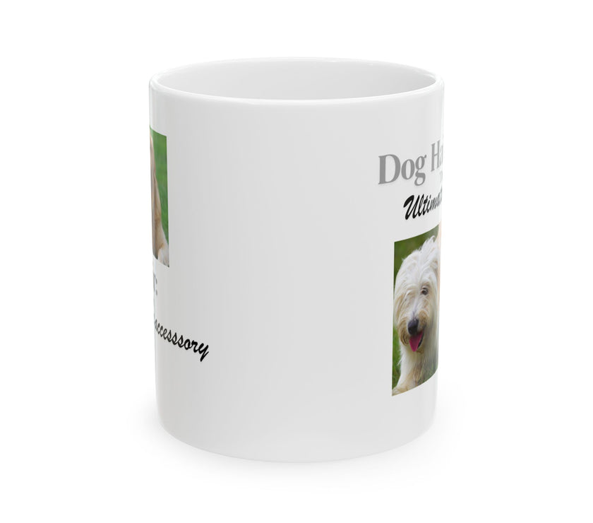 White ceramic mug featuring a photo of dogs lying on grass, with the humorous quote "Dog Hair: The Ultimate Accessory" printed below the image.