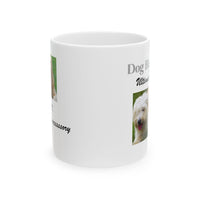 White ceramic mug featuring a photo of dogs lying on grass, with the humorous quote "Dog Hair: The Ultimate Accessory" printed below the image.