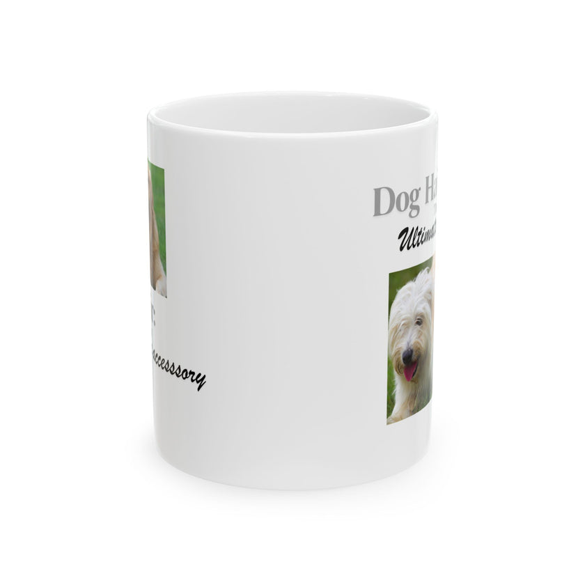 White ceramic mug featuring a photo of dogs lying on grass, with the humorous quote "Dog Hair: The Ultimate Accessory" printed below the image.