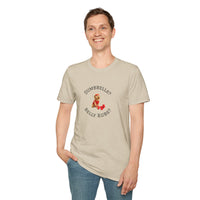 Person wearing a beige t-shirt with a graphic and text on a white background