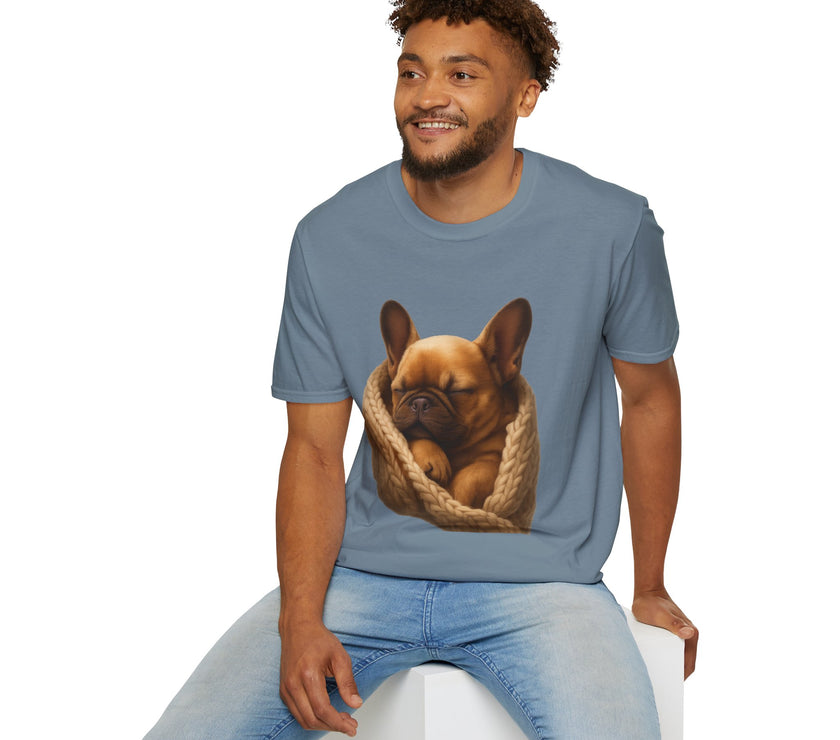 Man wearing a blue t-shirt with a dog graphic on a white background