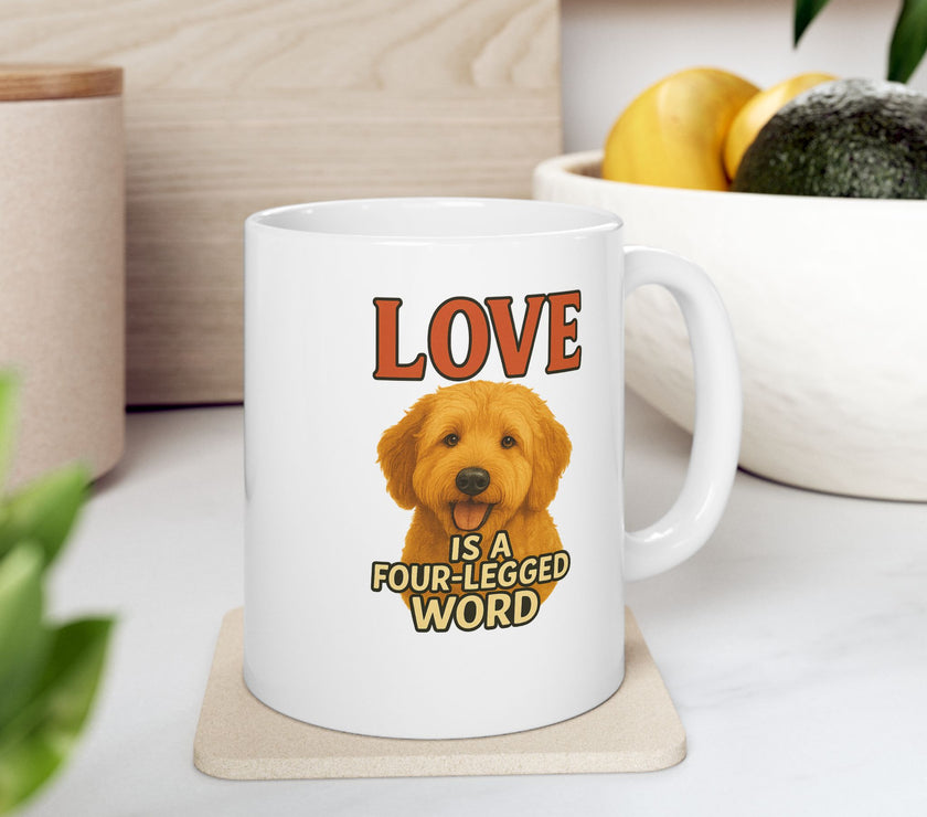 White mug with a dog illustration and text on a coaster, surrounded by plants and a bowl.