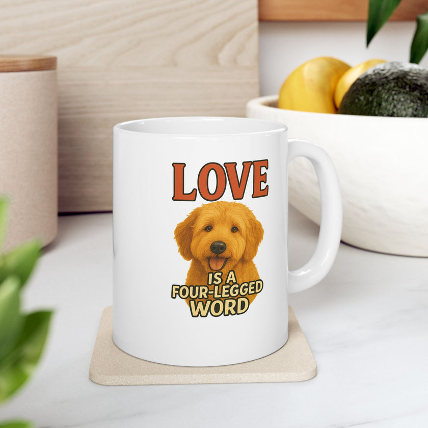 White mug with a dog illustration and text on a coaster, surrounded by plants and a bowl.