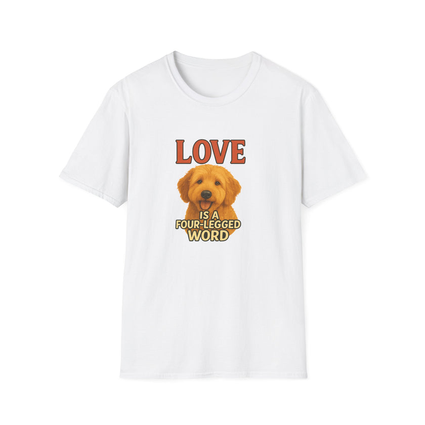 White t-shirt with a graphic of a dog and text 'LOVE is a four-legged word' on a white background