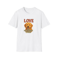 White t-shirt with a graphic of a dog and text 'LOVE is a four-legged word' on a white background