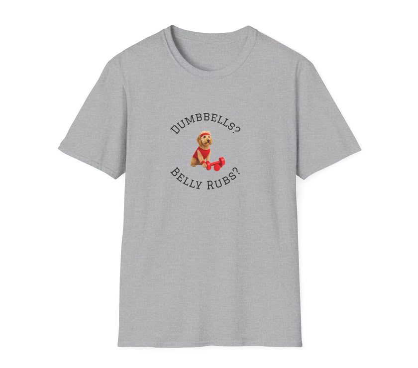 Gray t-shirt with a graphic of a dog and text on a white background