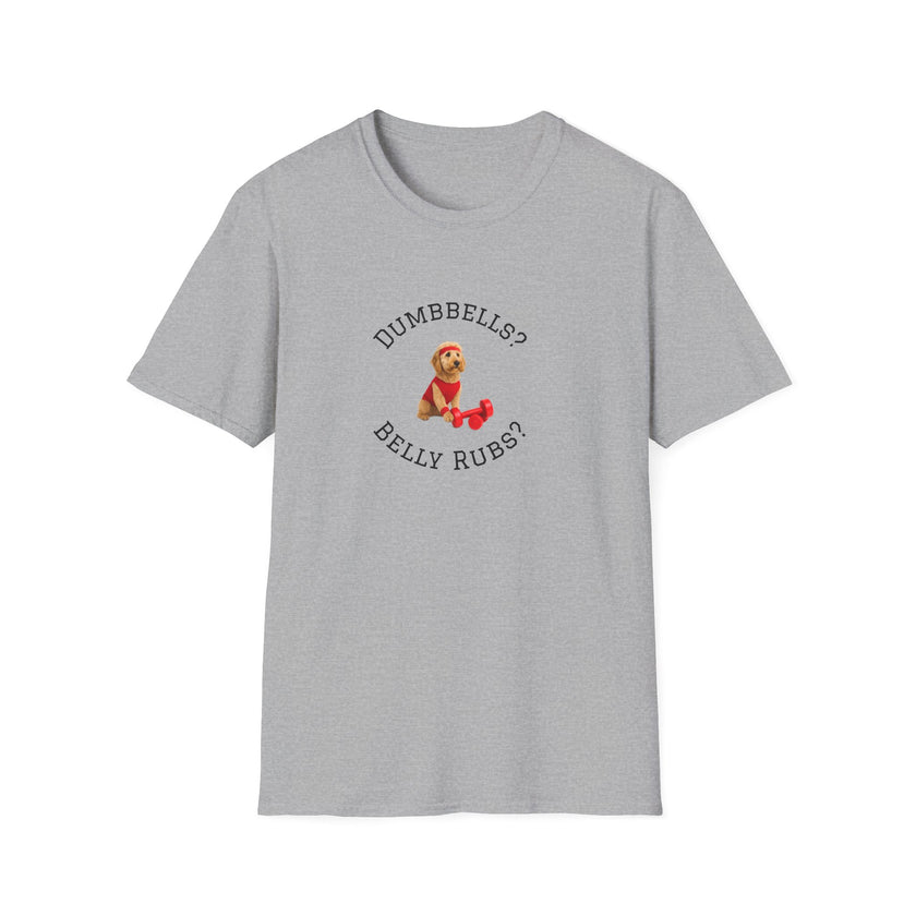 Gray t-shirt with a graphic of a dog and text on a white background