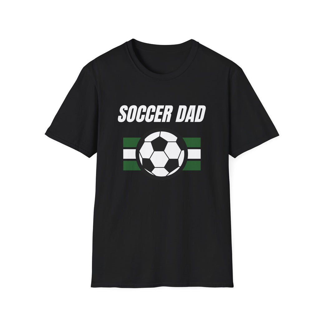 Black t-shirt with 'Soccer Dad' text and soccer ball graphic on a white background
