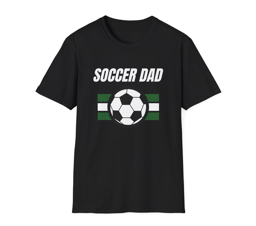 Black t-shirt with 'Soccer Dad' text and soccer ball graphic on a white background