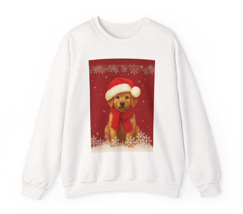 White sweatshirt with a Christmas-themed design featuring a dog wearing a red scarf and Santa hat on a red background.