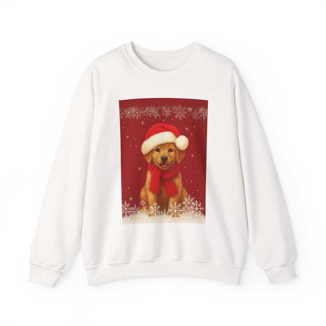 White sweatshirt with a Christmas-themed design featuring a dog wearing a red scarf and Santa hat on a red background.