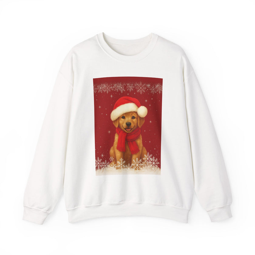 White sweatshirt with a Christmas-themed design featuring a dog wearing a red scarf and Santa hat on a red background.