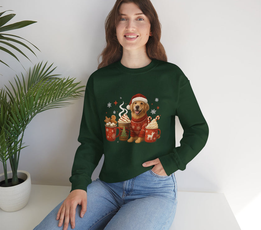 Woman wearing a green sweatshirt with a dog graphic sitting on a white surface.