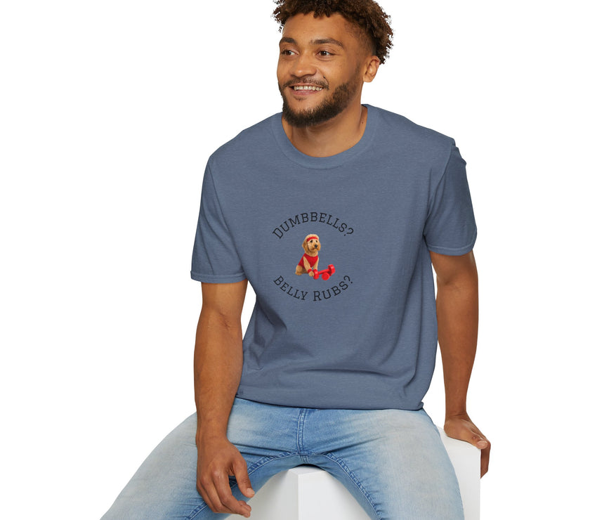 Man wearing a blue t-shirt with a graphic design sitting on a white stool against a white background
