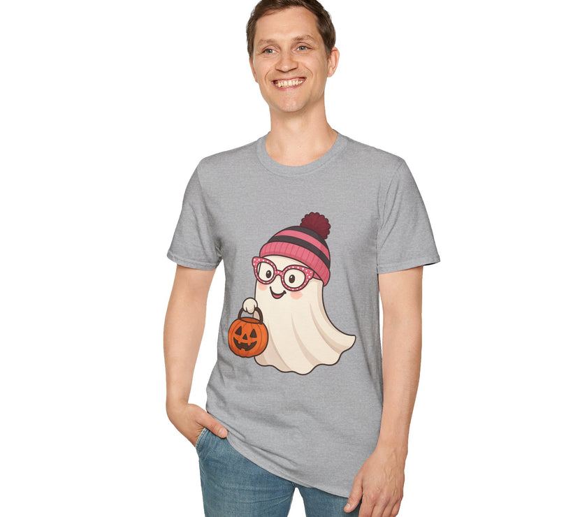 Person wearing a gray t-shirt with a cartoon ghost design on a white background