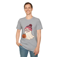 Person wearing a gray t-shirt with a cartoon ghost design on a white background