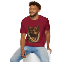 Man wearing a red t-shirt with a graphic of a dog on a white background